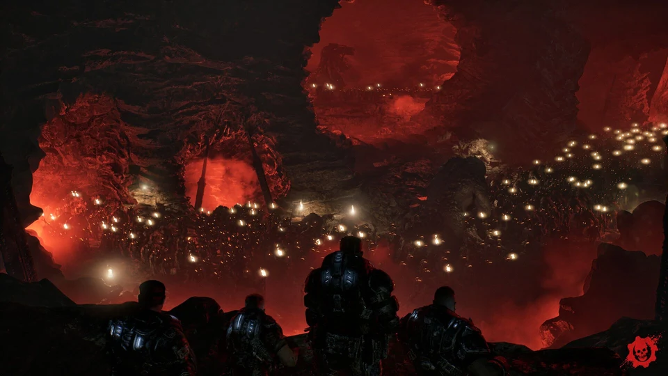 Multiple COG squads fighting Locust enemies in Horde Siege