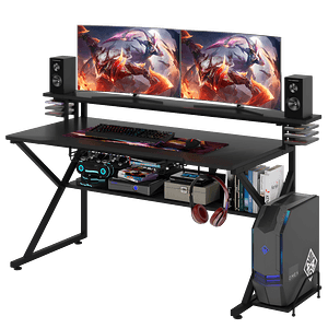  Gaming Desk with Storage Shelf and Monitors Shelf 5*1 - Black