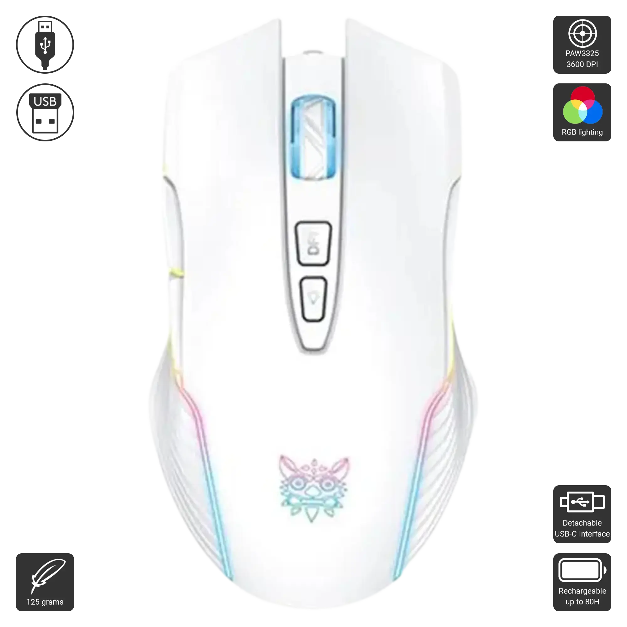 Onikuma CW905 Dual-Mode RGB Gaming Mouse - White  for sale in Emirates from Games2all