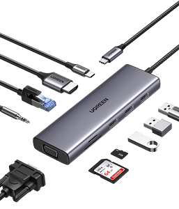 يوجرين CM498 موزّع USB-C عشرة-في-واحد مع 4K HDMI وVGA – رمادي